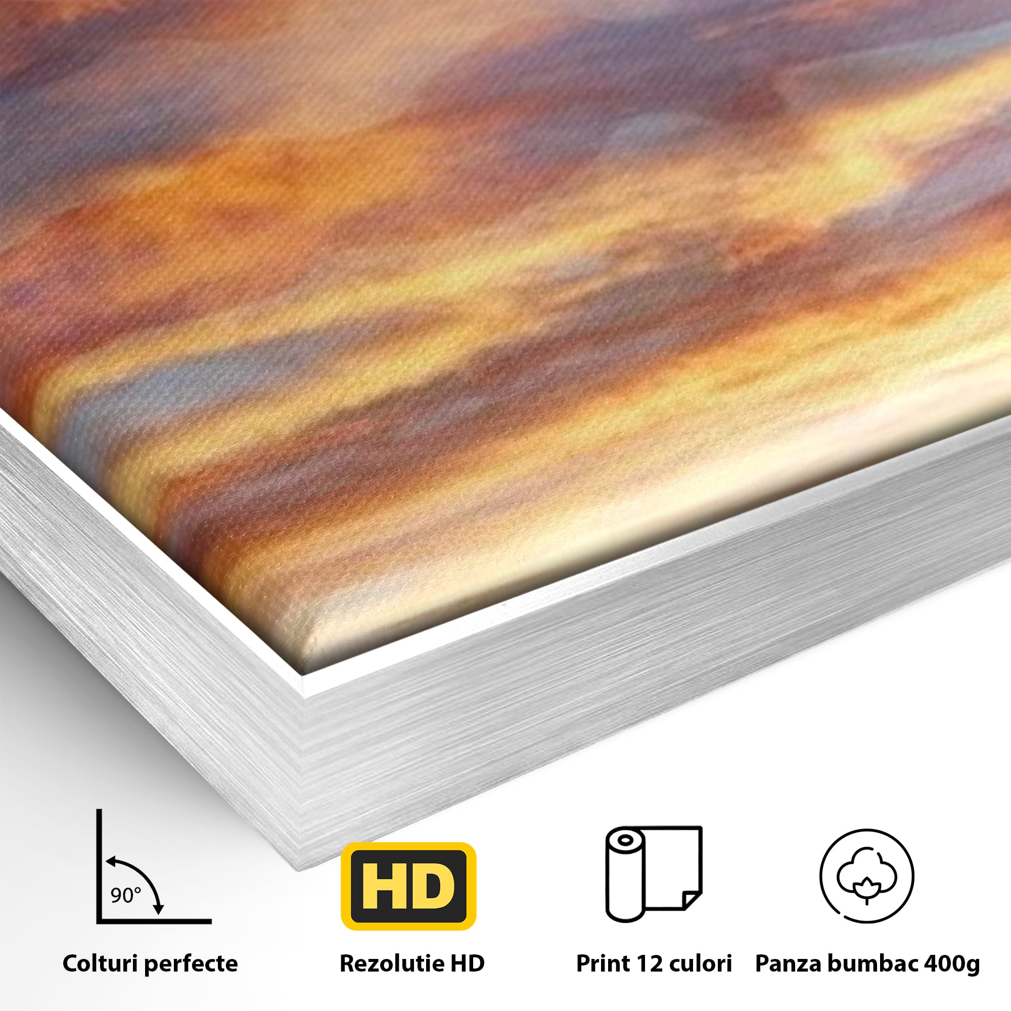Detaliu al suprafetei: tablou canvas cu steagul american si apus, in rama de aluminiu argintiu